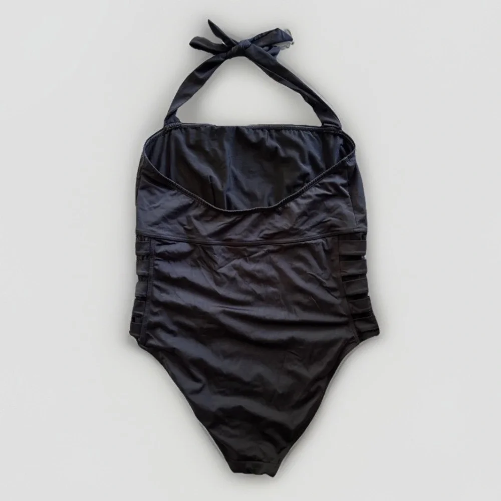 ASOS One Piece Swimsuit Womens 18 Black Halter Side Cutout Mesh Strappy Swimwear